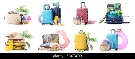 Koffer und Reisezubehör auf weißem Hintergrund Stockfoto
