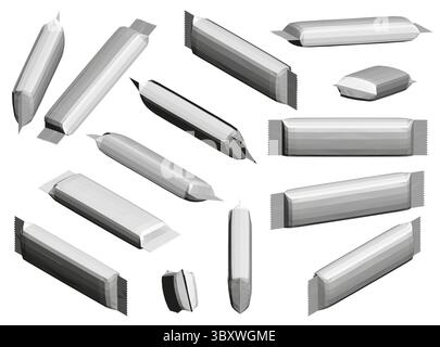 Eine Reihe weißer Schokoriegel wird in Nahaufnahme gezeigt. Die Schokoriegel haben alle die gleiche Größe und Form und sind alle nebeneinander angeordnet. Co Stock Vektor