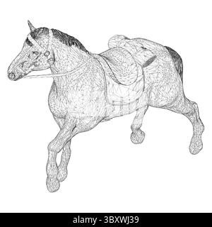 Ein Pferd läuft mit dem Kopf nach unten und seine Hinterbeine sind in der Luft. Das Pferd trägt einen Sattel Stock Vektor