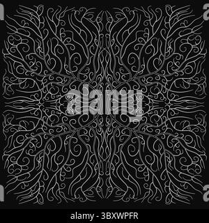 Ein Schwarzweißbild eines dekorativen Ornaments mit vielen Zweigen und Blättern. Das Bild ist abstrakt und hat ein Gefühl von Bewegung und Energie Stock Vektor