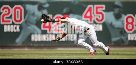 17. April 2008: Der Ball hakt vom Gurtband der St. Louis Cardinals ab und verließ den Feldspieler Skip Schumaker für ein Doppel von Milwaukee Brewers' Prince Fielder, das das Spiel im achten Inning am Donnerstag, den 17. April 2008, im Busch Stadium in St. Louis, Missouri, besiegte. (Chris Lee/St. Louis Post-Dispatch/MCT) (Credit Image: © Chris Lee/St Louis Post-Dispatch via ZUMA Press Wire) Stockfoto