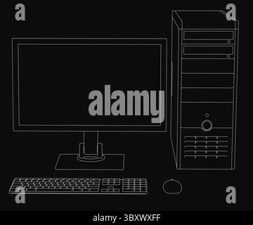 Ein Computermonitor und eine Tastatur werden auf schwarzem Hintergrund angezeigt. Der Computermonitor ist ausgeschaltet und die Tastatur wird nicht verwendet. Techno-Konzept Stock Vektor