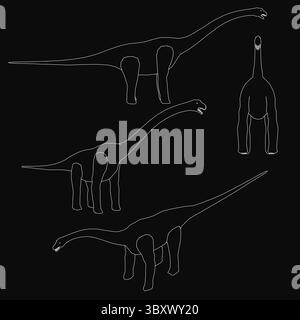 Eine Serie von Zeichnungen eines Dinosauriers, von denen eine den Kopf des Dinosauriers zeigt. Die Zeichnungen sind in Schwarzweiß gehalten und haben unterschiedliche Größen Stock Vektor