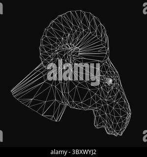 Der Kopf eines Widders ist in einer schwarz-weißen Abbildung dargestellt. Der Kopf des Widders besteht aus vielen kleinen Dreiecken, was ihm einen sehr detaillierten und komplizierten ap verleiht Stock Vektor
