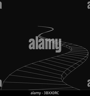 Ein Schwarzweißbild einer langen, gewundenen Treppe. Die Treppe besteht aus vielen kleinen Plätzen und ist ein sehr langer und gewundener Weg. Das Bild Stock Vektor
