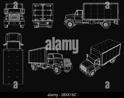 Lkw mit detaillierten Blaupausen auf schwarzem Hintergrund, in einer ordentlichen Reihe angeordnet. Jeder Lkw verfügt über ein einzigartiges Design, sichtbare Scheinwerfer und einen Grill Stock Vektor