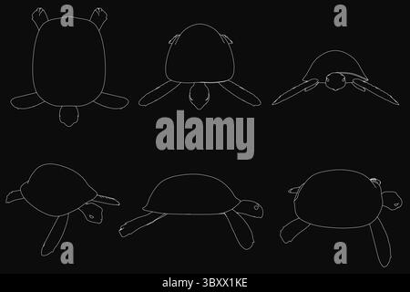 Sechs detaillierte Skizzen der Meeresschildkröte auf schwarzem Hintergrund, jede mit einzigartigen Formen und Größen. Die weißen Umrisse bilden einen scharfen Kontrast zum dunklen Hintergrund Stock Vektor