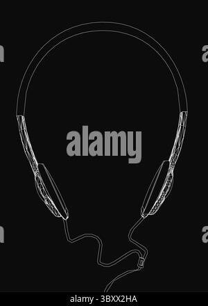 Weiße Kopfhörer mit elegantem, modernem Design auf schwarzem Hintergrund und weichen Ohrkissen für Komfort. Das kabellose Over-Ear-Design bietet Stock Vektor