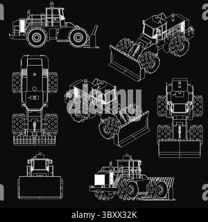 Ein Satz detaillierter Traktoren auf schwarzem Hintergrund mit Planierschild, Kipplader und Traktor. Jede Maschine verfügt über einzigartige Designelemente, Showca Stock Vektor