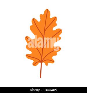 Orangenes Eichenblatt isoliert auf weißem Hintergrund. Einfaches Herbstblatt für Muster, Banner, Aufkleber. „Hello Herbstkarte“. Illustration des flachen Vektors. Stock Vektor