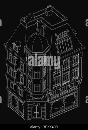 Schwarz-weiße Umrisszeichnung eines Kuppelgebäudes mit komplizierten architektonischen Details, vor dunklem Hintergrund als Kontrast. Die saubere Leitung A Stock Vektor