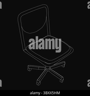 Schwarz-weiße Linienzeichnung eines eleganten modernen Bürostuhls mit geschwungener Rückenlehne und Armlehnen, vier konischen Beinen und neutraler Stoffpolsterung. Die Stock Vektor