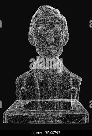 Eine 3D-Büste von Abraham Lincoln, die aus komplizierten Linien und Formen besteht und eine realistische Gesichtsstruktur auf schwarzem Hintergrund bildet. Der Detaile Stock Vektor