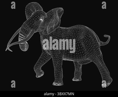 Drahtmodell-Elefant, der in 3D mit realistischen Details gerendert wird, mit einem markanten Stamm, geschwungenen Stoßzähnen und großen Ohren. Die weiße Umrandung bildet einen scharfen Kontrast Stock Vektor