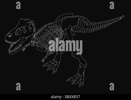 T-Rex Skelett Illustration in Schwarz-weiß, detaillierte Knochen und scharfe Zähne sichtbar vor dunklem Hintergrund. Perfekt für Lehrmaterialien, S. Stock Vektor
