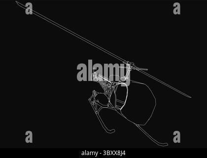 Hubschrauber in detaillierter Schwarzweiß-Strichkunst, die Flügelspannweite und Propeller mit Präzision zeigt. Der scharf schwarze Hintergrund bildet einen scharfen Kontrast Stock Vektor
