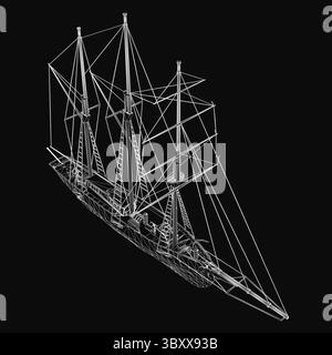 3D-Modellplan für große Schiffe auf schwarzem Hintergrund mit detaillierten Segeln, robusten Masten und einem gut definierten Rumpf. Perfekt für nautische Themen, Histor Stock Vektor