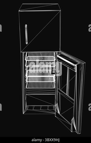 Eine schwarz-weiße Linienzeichnung eines offenen Kühlschranks mit offener Tür, die einen Innengrill und Regale freigibt. Die Abbildung zeigt sauber, m Stock Vektor
