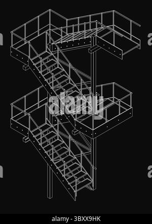 Schwarz-weiße Fluchttreppe mit stabilem Geländer und Metalltreppen, für Notausgänge und Feuerwehrschutz entwickelt. Die detaillierte Zeichnung Stock Vektor