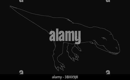 T-Rex-Linienzeichnung in Schwarz-weiß mit scharfen Zähnen und kraftvollem Auftreten vor dunklem Hintergrund. In der detaillierten Abbildung wird der hervorgehoben Stock Vektor