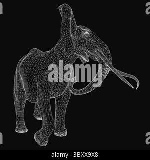 Drahtmodell-Elefant mit detaillierten Stoßzähnen steht auf einem eleganten schwarzen Hintergrund und zeigt ein realistisches 3D-Modell mit komplizierter Netzstruktur. Stock Vektor