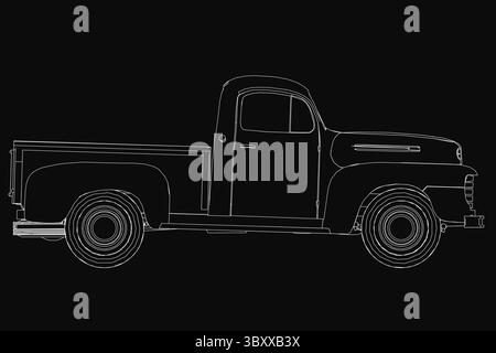 Vintage schwarz-weiße Pickup-Truck-Illustration in klarem Vektor-Stil, isoliert auf einem dunklen Hintergrund. Die Detailzeichnung hebt den klassischen Lkw hervor Stock Vektor