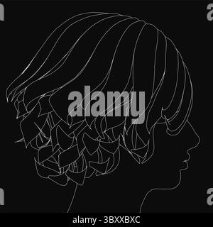 Eine schwarz-weiße Linienzeichnung des Kopfes einer Frau mit voluminösem lockigem Haar, vor einem dunklen, kontrastierenden Hintergrund. Die Abbildung zeigt Clea Stock Vektor