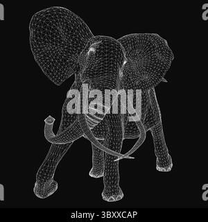 Drahtmodell-Elefant in 3D mit realistischen Details auf schwarzem Hintergrund gerendert. Der geschwungene Rumpf und die versteiften Ohren deuten auf Wachheit hin, während breite Augen und Augen Stock Vektor