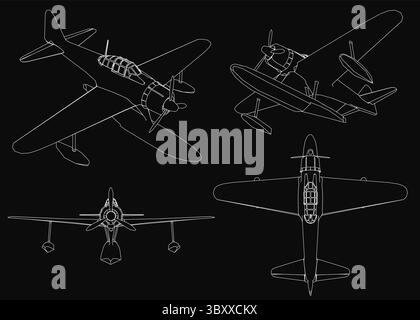 Vier Vektor-ähnliche Flugzeuge mit einzigartigen Designs heben sich vor einem schwarzen Hintergrund ab. Jedes Flugzeug verfügt über detaillierte Flügel, Propeller und Motoren Stock Vektor