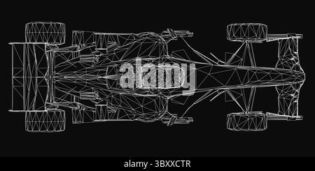Detaillierter Entwurf eines Rennwagens mit komplizierten Linien und geometrischen Formen, der das komplexe technische Design veranschaulicht. Der schwarze Hintergrund ist hochgradig Stock Vektor