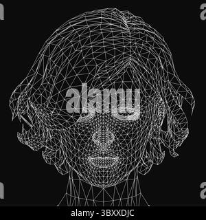 Drahtdarstellung des Kopfes einer Frau, bestehend aus komplizierten Linien und geometrischen Formen, die eine stilisierte digitale Illustration bilden. Die Konstruktion besteht aus einem Stock Vektor