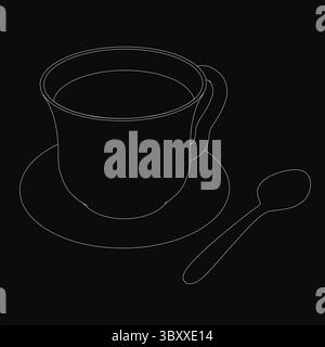 Eine dampfende Tasse Kaffee steht auf schwarzem Hintergrund mit einer passenden Untertasse und einem Löffel daneben. Das reiche Aroma steigt aus dem dunklen Getränk hervor Stock Vektor