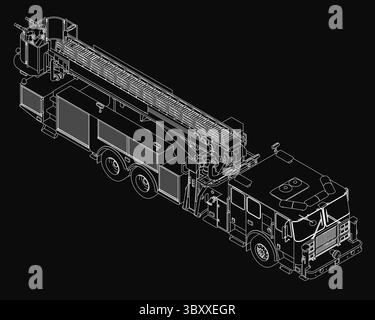 3D-Modell eines Feuerwehrwagens auf schwarzem Hintergrund mit detailliertem Blueprint mit sichtbaren Scheinwerfern, Kühlergrill, Rädern und Notleuchten. Die des Stock Vektor