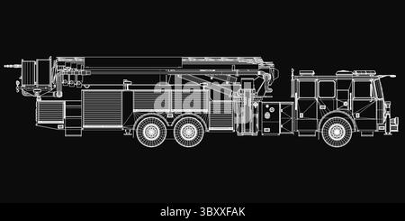 Feuerwehrauto-Blaudruck auf schwarzem Hintergrund, mit einer detaillierten Vektorillustration mit Scheinwerfern, Kühlergrill und Rädern. Das Design hebt das Fahrzeug hervor Stock Vektor