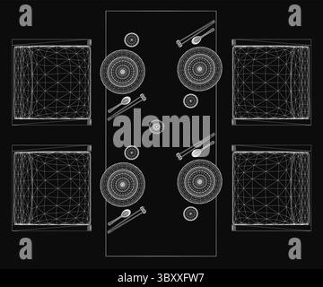 Vier symmetrisch auf schwarzem Hintergrund angeordnete Teller und Löffel mit verschiedenen Größen, Formen und Farben. Das komplizierte Muster hebt Forts. hervor Stock Vektor