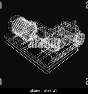 Ein 3D-Modell eines industriellen Getriebes mit komplexen mechanischen Details, Elektromotor und Präzisionskomponenten. Der Blueprint- Stock Vektor