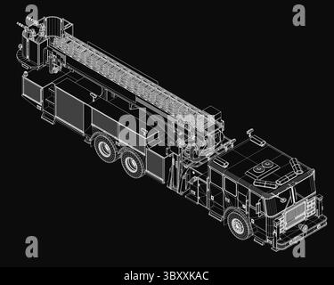 Ein 3D-Modell eines Feuerwehrwagens, das als Blueprint auf schwarzem Hintergrund angezeigt wird und wichtige Komponenten wie Motor, Leiter und detaillierte Fahrzeuge hervorhebt Stock Vektor