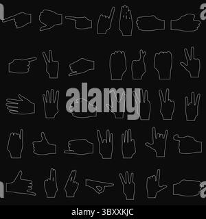 Konturieren Sie die Handgesten in einem einfachen Cartoon-Stil, die Finger sind gespreizt und die Handflächen zeigen nach oben vor einem schwarzen Hintergrund. Jede Hand zeigt eine eigene Pose mit Stock Vektor