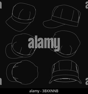 Sechs detaillierte Baseballmützen auf schwarzem Hintergrund, jede mit einer einzigartigen Form und Größe. Die Kappen reichen von hell- bis dunkelblau und überzeugen durch klare Farben Stock Vektor