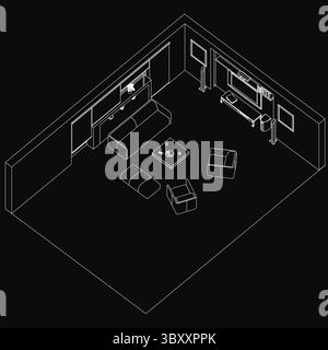 Eine schwarz-weiße Umrisszeichnung eines gemütlichen Wohnzimmers mit Sofa, Stühlen und einem zentralen Tisch. Der dunkle Hintergrund schafft ein mysteriöses noch drinnen Stock Vektor