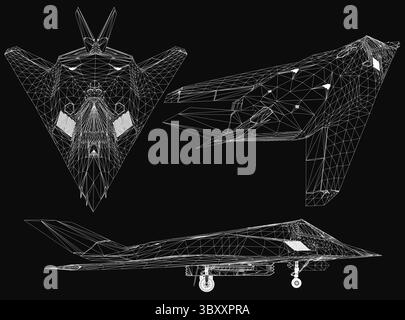 Drahtmodell für Kampfflugzeuge in 3D mit schlankem aerodynamischem Design auf schwarzem Hintergrund. Die detaillierte Netzstruktur hebt fortgeschrittene Ingenieure hervor Stock Vektor