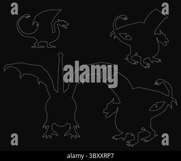 Vier einzigartige Drachensilhouetten symmetrisch angeordnet, mit der größten in der Mitte und kleineren auf jeder Seite. Die Schwarzweißzeichnung Stock Vektor