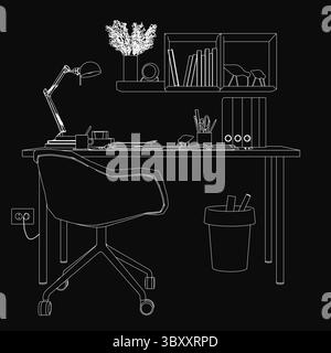 Schwarz-weiße Konturillustration eines Arbeitsplatzes mit Stuhl, Lampe und Blumenvase. Bücher, Stifte in einem Ständer und ein Mülleimer runden das Minim ab Stock Vektor