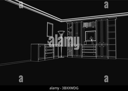 Eine schwarz-weiße Konturzeichnung eines eleganten Interieurs mit Schreibtisch, Schränken und Lampe mit gerahmtem Kunstwerk an der Wand. Verschiedene Objekte A Stock Vektor