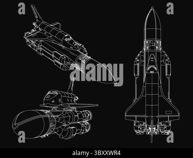 Detaillierter Entwurf eines Space Shuttle auf schwarzem Hintergrund mit verschiedenen Raketenformen und -Größen. Das komplizierte Design unterstreicht die technische Ausstattung Stock Vektor