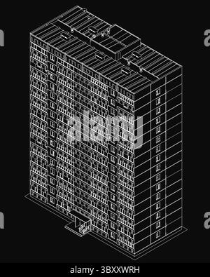Ein hohes schwarz-weißes Gebäude mit zahlreichen Fenstern steht deutlich vor einem dunklen Hintergrund, mit klaren Konturlinien und einem minimalistischen Bogen Stock Vektor