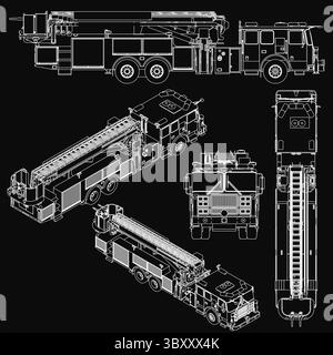 Detaillierter Entwurf eines Feuerwehrwagens mit präzisen Vektorlinien auf schwarzem Hintergrund, die das Design der Feuermaschine hervorheben. Perfekt für die Konstruktion Stock Vektor