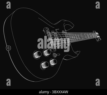 Schwarze E-Gitarre mit elegantem, modernem Design, glänzend schwarzem Finish und weißem Pickguard auf dunklem Hintergrund. Der Hals ist anmutig gewölbt, mit Stock Vektor