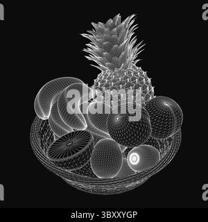 Schwarz-weiße Ananaszeichnung in einer Schüssel, umgeben von anderen Früchten, auf einem soliden schwarzen Hintergrund für hohen Kontrast. Die Ananas ist die Stock Vektor