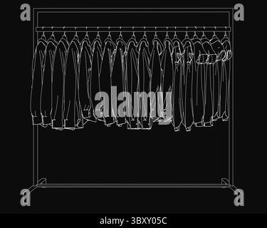 Eine Linienzeichnung eines Kleiderständers mit verschiedenen Kleidungsstücken, die ordentlich hängen, mit klaren Linien und einfachen Details. Der schwarze Hintergrund verbessert den Stock Vektor